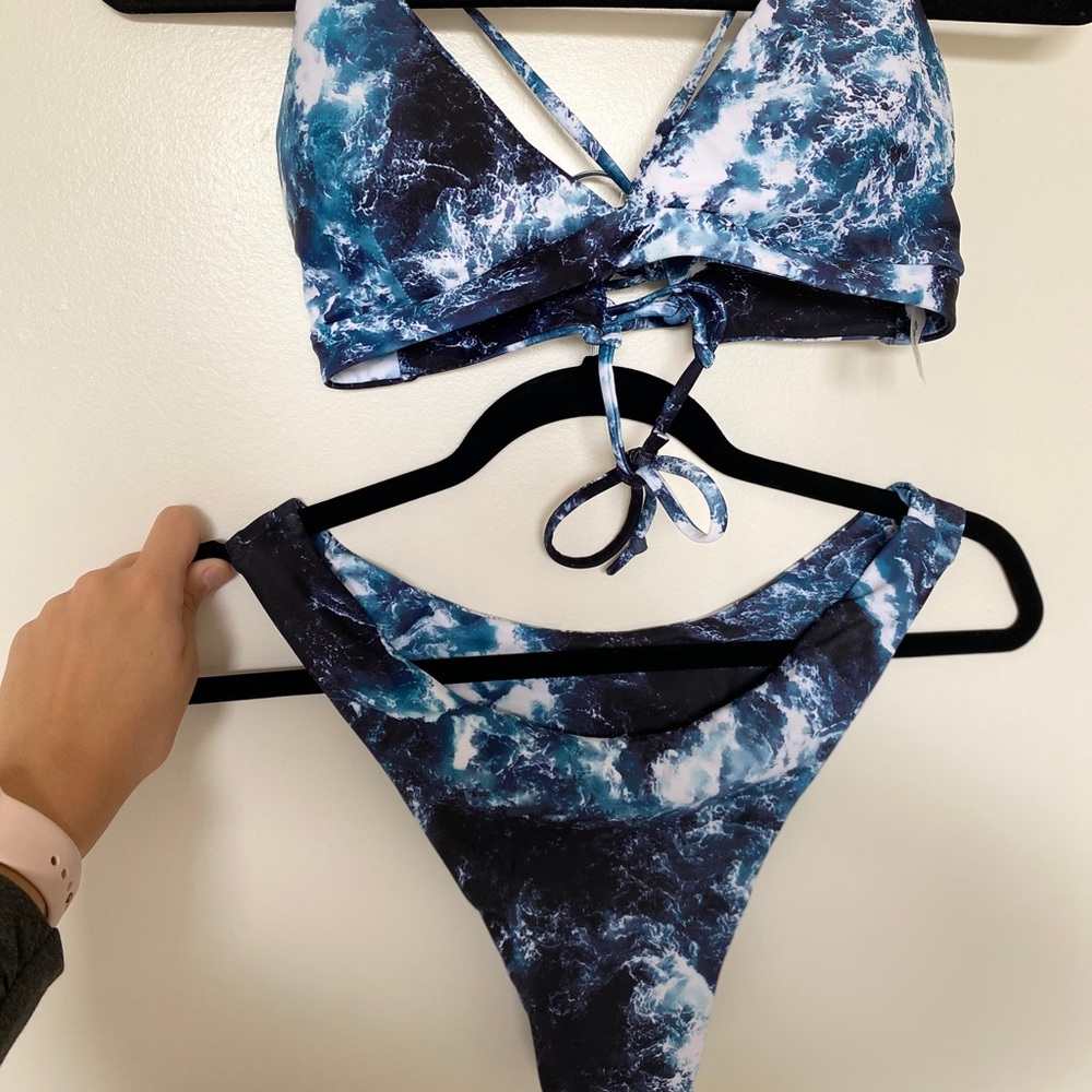 Cheeky Cross Back Blue Tie Dye Bikini Swimsuit Med